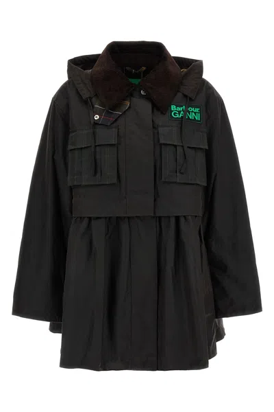 Barbour Dark Brown Jacket With All-over Stripe Motif And Logo Patch On The Front In Waxed Cotton Woman