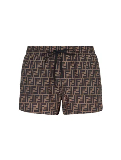 Fendi Tech Fabric With All-over Ff Pattern Swim Shorts In Brown