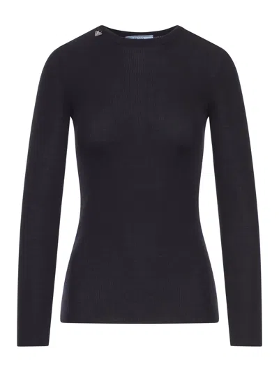 Prada Textured Wool Crewneck Sweater With Long Sleeves In Black