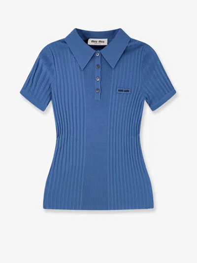 Miu Miu Short Sleeve Polo Shirt Ribbed Texture In Blue