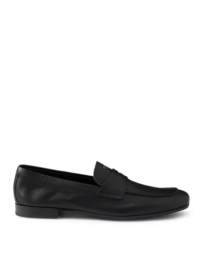 Prada Black Calf Leather Bos Taurus Slip-on Loafers In Black