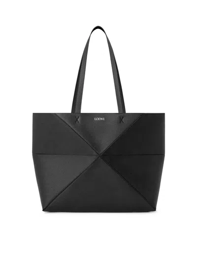 Loewe Medium Puzzle Fold Horizontal Tote Bag In Grained Calfskin In Black