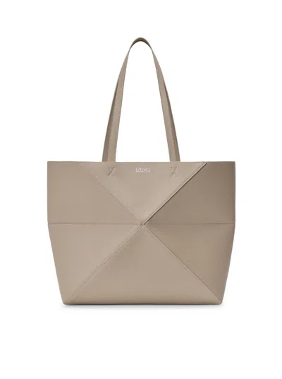 Loewe Medium Puzzle Fold Horizontal Tote Bag In Grained Calfskin In Gray