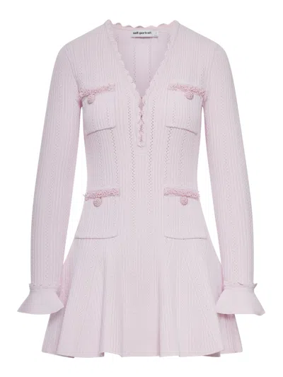 Self-portrait Mini Knitted Dress With Pink Pearl Trim In Pink