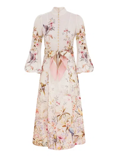 Zimmermann Rebellion Multicolor Midi Dress With Bow Detail On The Front And All-over Floral Print In Linen Woma
