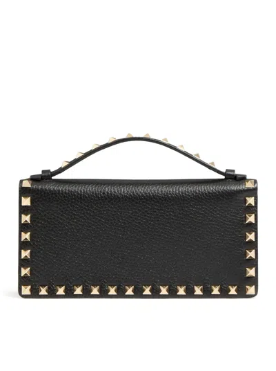 Valentino Garavani Rockstud Grainy Leather Wallet With Detachable Chain Accessories In Black