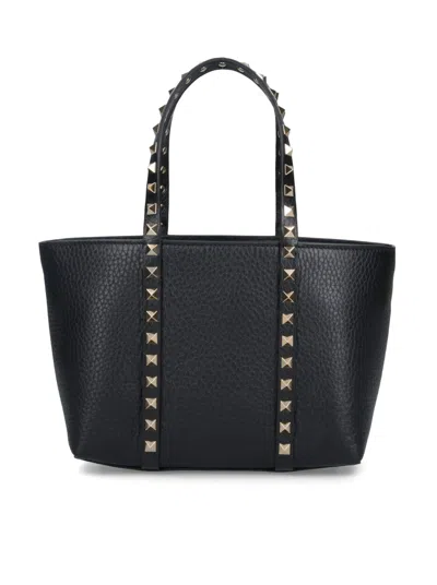 Valentino Garavani Rockstud Mini Tote In Hammered Leather In Black