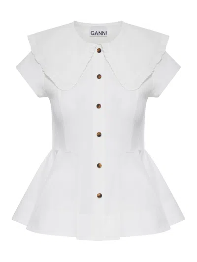 Ganni Short Cotton Shirt With Ruffles In Multi