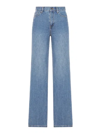 Self-portrait Straight Leg Denim Jeans With Rhinestone In Blue