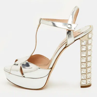 Pre-owned Miu Miu Size 40.5 Silver Leather T-strap Crystal Block Heel Platform Sandals