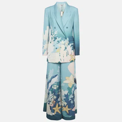 Pre-owned Leo Lin Blue /green Printed Crepe Judy Blazer & Pants Set M