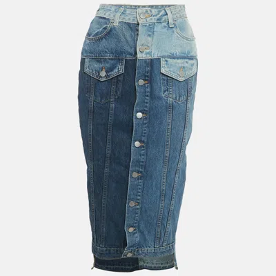 Pre-owned Red Valentino Blue Frayed Patchwork Denim Midi Skirt S/waist 24"