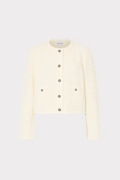 Milly Sade Textured Crewneck Cardigan Jacket In Neutral