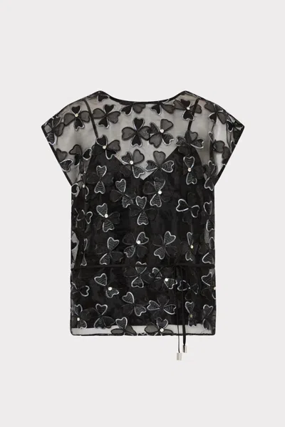 Milly Ryan Clover Bow Rhinestone Organza Top In Black