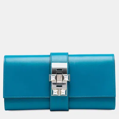 Pre-owned Hermes Blue Tadelakt Medor Clutch 23