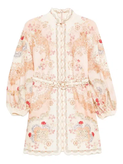 Zimmermann Daylight Multicolor Midi Dress With Long Puffed Sleeves And All-over Floral Print In Linen Woman In Neutral