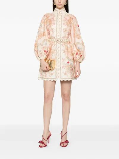 Zimmermann Daylight Multicolor Midi Dress With Long Puffed Sleeves And All-over Floral Print In Linen Woman In Neutral