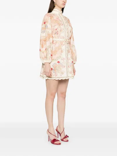 Zimmermann Daylight Multicolor Midi Dress With Long Puffed Sleeves And All-over Floral Print In Linen Woman In Neutral