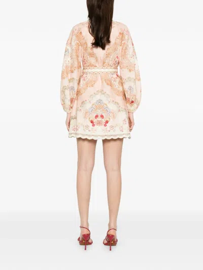 Zimmermann Daylight Multicolor Midi Dress With Long Puffed Sleeves And All-over Floral Print In Linen Woman In Neutral