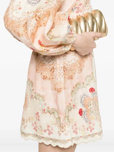 Zimmermann Daylight Multicolor Midi Dress With Long Puffed Sleeves And All-over Floral Print In Linen Woman In Neutral