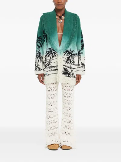 Alanui Wave Bloom Fringed Cardi-coat In Green