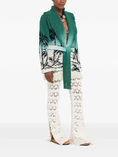 Alanui Wave Bloom Fringed Cardi-coat In Green