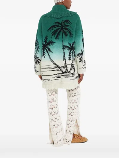 Alanui Wave Bloom Fringed Cardi-coat In Green