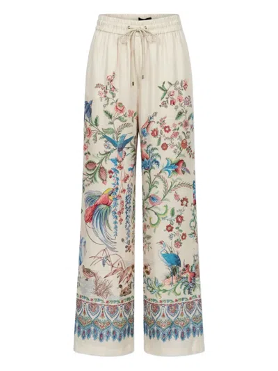 Etro Women White Pants With Elastic Drawstring Waist And All-over Floral Print In Tech Fabric Woman In Multi