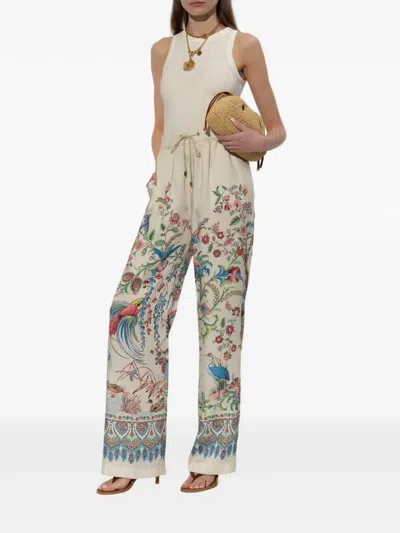 Etro Women White Pants With Elastic Drawstring Waist And All-over Floral Print In Tech Fabric Woman In Multi