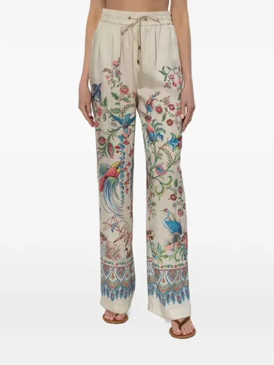 Etro Women White Pants With Elastic Drawstring Waist And All-over Floral Print In Tech Fabric Woman In Multi