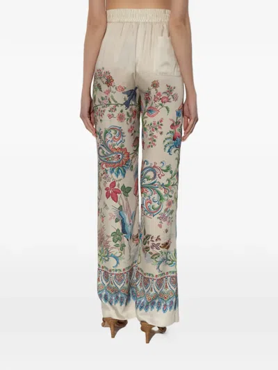 Etro Women White Pants With Elastic Drawstring Waist And All-over Floral Print In Tech Fabric Woman In Multi