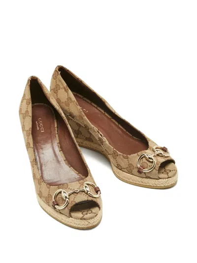 Pre-owned Gucci Charlotte Horsebit Canvas Wedge Pumps In Neutral