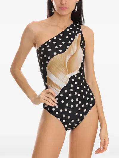 Brigitte Seashell-motif One-shoulder Swimsuit In Black