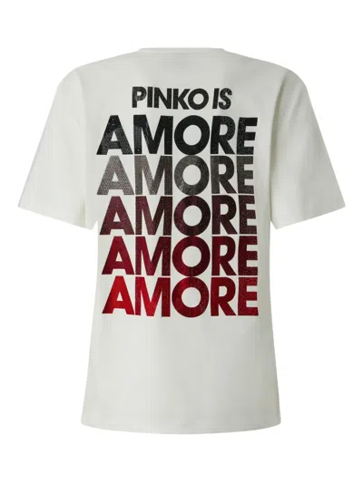 Pinko White Crewneck T-shirt With Logo Detail On The Front And Maxi Print On The Rear In Cotton Woman In Neutral