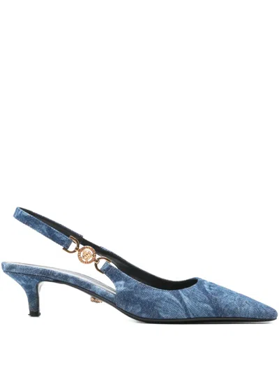 Pre-owned Versace 40mm Barocco Denim Pumps In Blue