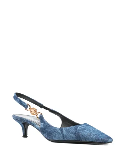 Pre-owned Versace 40mm Barocco Denim Pumps In Blue