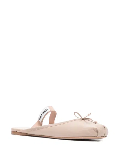 Pre-owned Miu Miu Bow-detail Elastic-strap Ballet Flats In Neutral