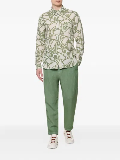 120% Lino Drawstring-fastening Trousers In Green