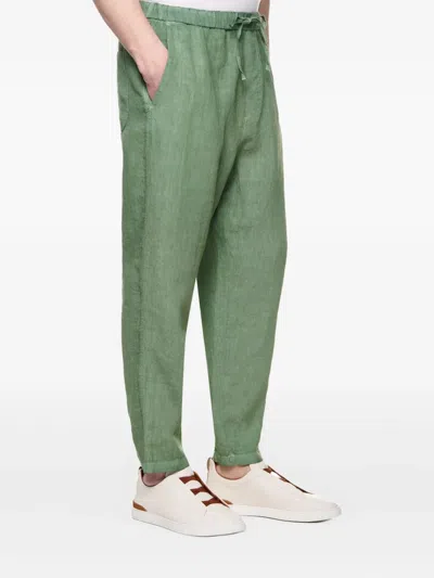 120% Lino Drawstring-fastening Trousers In Green