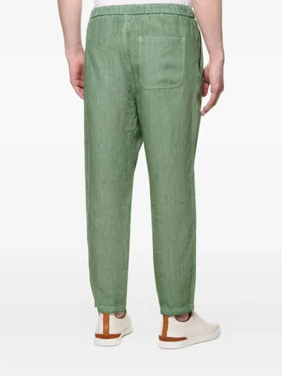 120% Lino Drawstring-fastening Trousers In Green