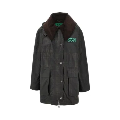 Barbour X Ganni Green Hood Ttn Duffle Wax Cotton Jacket In Black