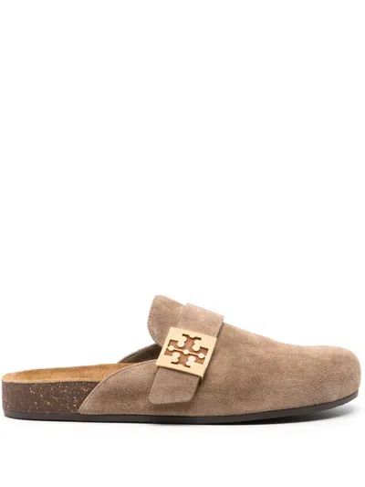 Tory Burch Mellow Beige Slip-on Mule With Metallic Logo Buckle In Suede Woman In Animal Print