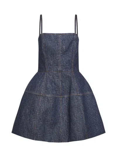 Fendi Ff Denim Dress Fitted Bodice Straps In Blue
