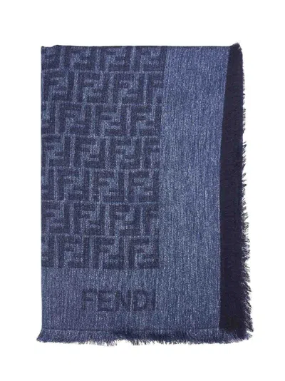 Fendi Silk Denim Blue Cotton And Wool Ff Shawl In Blue