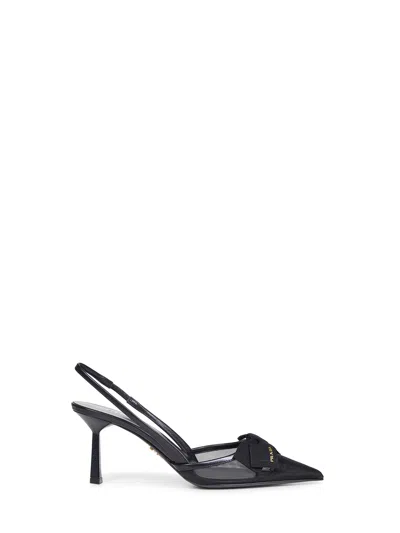 Prada Calzature Black Mesh Slingback Pumps In Animal Print