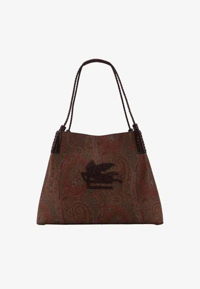 Etro Women Coated Canvas Shoulder Bag With Paisley Jacquard Pattern In Brown