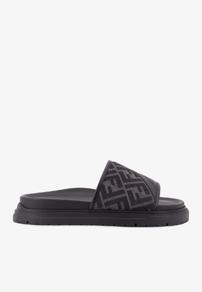 Fendi Men Low Leather Sandals With Ff Jacquard Insert In Multi