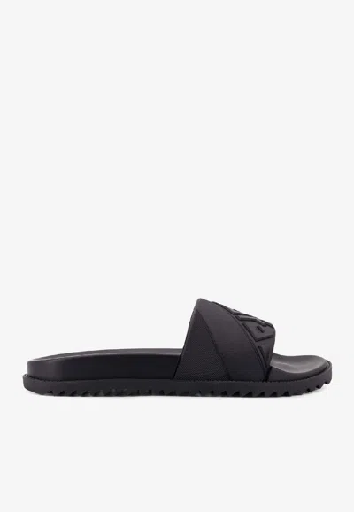Fendi Rubber Slides With High Strap And Embossed Ff Motif Shoes In Black