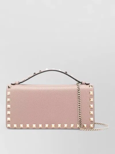 Valentino Rockstud Leather Clutch Wallet On Chain In Pink