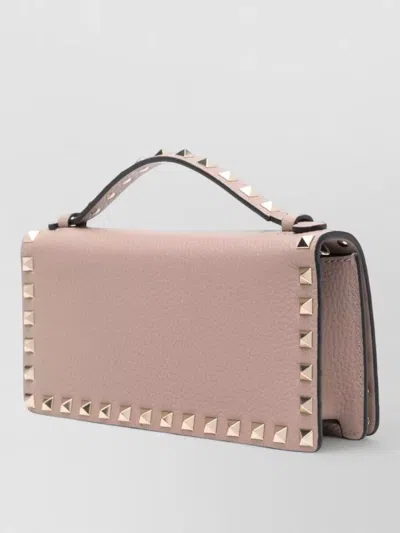 Valentino Rockstud Leather Clutch Wallet On Chain In Pink